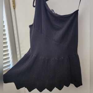 7th Avenue Peplum Sweater Knit One Shoulder Top Black Scalloped Hem Large L NY&C